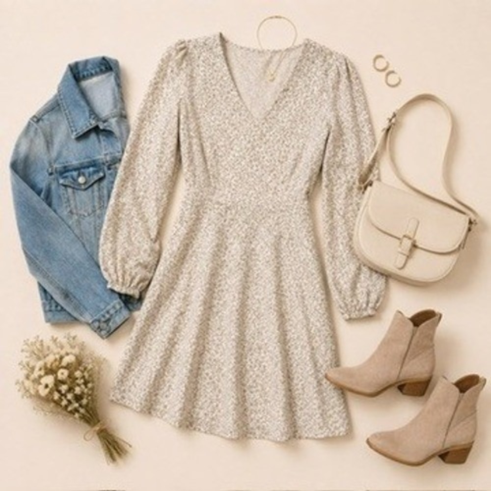 Bros Korea Floral V-Neck Mini Dress Long‎ Sleeve Cottagecore Cream Pink